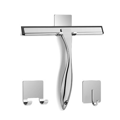 All-Purpose Stainless Steel Shower Squeegee for Shower Glass Door with 2 Adhesive Hooks, Bathroom Cleaner Tool Household Window Mirror Squeegee , Cleaning Tile Wall, Car, 10 Inch Silver
