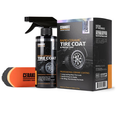 CERAKOTE Rapid Ceramic Tire Coat – Showroom New Tire Shine – Deep Tire Black Finish – Lasts Up to 10x Longer – No Sling, Non-Greasy Ceramic Tire Coating for Car, Truck & SUV – Easy Application (10oz)