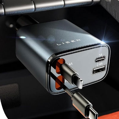 LISEN Retractable Car Charger, 69W Cars Adapter USB C Fast Charger, Car Accessories for Women Men, Christmas for Gifts for Dad Mom, Gifts for Women Men, for iPhone 17 Pro Max Air 16 15 14 13 Plus