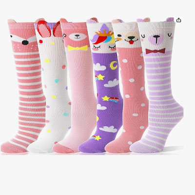 MOGGEI 6 Pairs Kids Girls Knee High Socks Gift Long Crazy Silly Tall Funny Boot Cute Animal Child Fun Socks