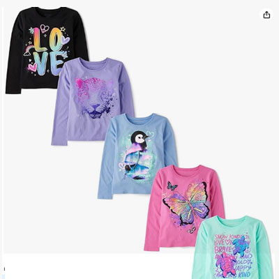 The Children's Place Girls' Unicorns,Sports,Butterflies Long Sleeve Graphic T-Shirts,5 Pack