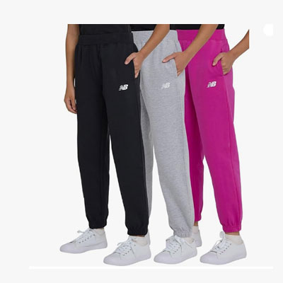 New Balance Girls Active Fleece Jogger 3 Pack – Soft Cotton Blend Fleece Athletic Performance Casual Sweatpants (4-16)