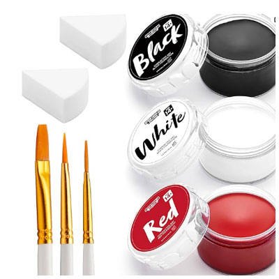 Spooktacular Creations 8 PCS Halloween Makeup Kit 3 Face Body Paint Oil Based Foundation Set with 3 Painting Brushes, 2 Sponges for Halloween Clown SFX Zombie Skeleton Cosplay( White Black Red )