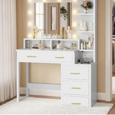 White Makeup Vanity Desk with Mirror and Lights Modern Dressing Table with 4 Drawers &3 Shelves Compact Vanity Tabletop with Lighted Mirror for Bedroom Makeup Organizer Furniture for Women Girls