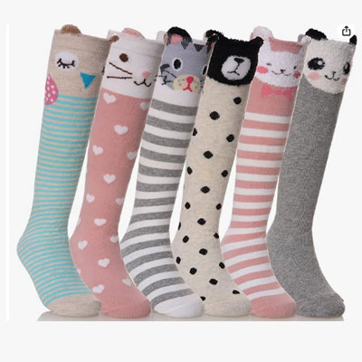 FNOVCO Girls Knee High Socks Kids Crazy Fun Gift Cute Animal Patterns Cotton Long Socks 6 Pairs