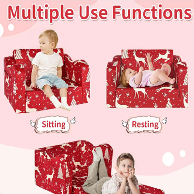 Kids Sofa Couch Toddler Couch Christmas Reindeer 2-in-1 Foldable Kids Sofa Bed Flip Open Toddler Sofa Chair Boys Girls