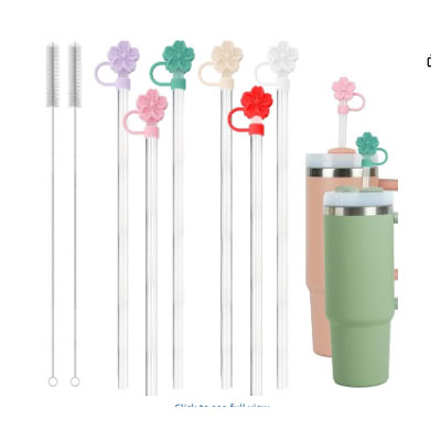 6 Stanley Straw and Covers, 2 Cleaner, Stanley Replacement Straw and topers (flower+Cuttable Length straw, 12.2