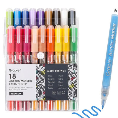 Grabie Acrylic Paint Pens Markers, 18 Colors, 0.7 mm, Extra Fine Tip Drawing Markers, Premium Paint Pens for Painting on Various Surface, Art Supplies