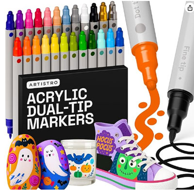 ARTISTRO Acrylic Paint Markers for Rock, Fabric, Wood, Glass, Craft - 24 Quick Dry Dual-Tip Paint Pens for Halloween Decorations - Pumpkin Painting Kit, Drawing Markers, Art Supplies, Christmas Gift