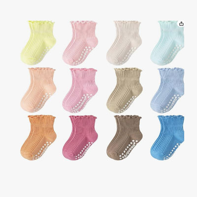 Baby Toddler Girls Socks Grip Ruffle Non Slip Girls Cotton 12 Pack Socks for Kids Cute Ankle 6M-7Years