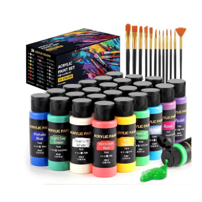 Acrylic Paint Set, 24 Colors (2 oz/Bottle) with 12 Art Brushes, Art Supplies for Painting Canvas, Wood, Ceramic & Fabric, Rich Pigments Lasting Quality for Beginners, Students & Professional Artist