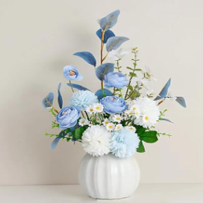 Artificial Flowers, Fake Flowers in Vase, Silk Flowers with Ceramic Vase, Faux Flowers Arrangement for Homes, Restaurants Decoration Dining Table Centerpiece Decor (White)