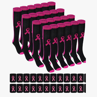 Zhanmai 12 Pairs Breast Cancer Awareness Breast Cancer Pink Ribbon Socks Wristbands for Soccer Volleyball Football Baseball