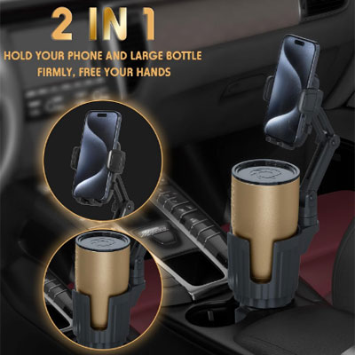 Phone Holders for Your Car, 2 in 1 Universal Cup Holder Expander Adjustable Base with Phone Mount, Long Arm with 360°Rotation Cup Holder Phones Mount for Car Compatible with All Smartphones