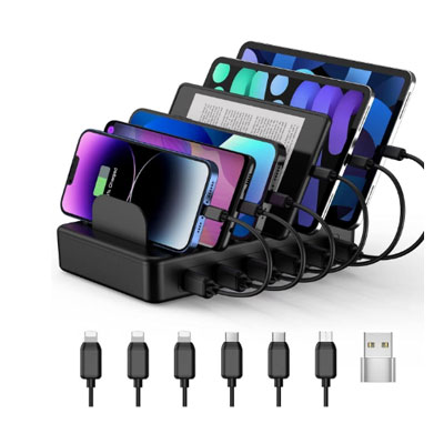 CREATIVE DESIGN 50W 6 Ports Multi Charger Station with 6 Charging Cables, USB Charging Dock for Multiple Devices, Compatible with Cellphone iPad Kindle Tablet and Other Electronic Devices