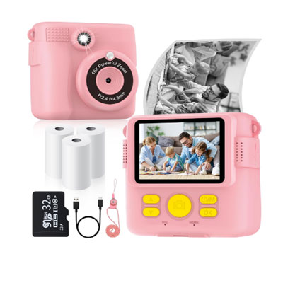 Instant Print Camera for Kids with 3 Rolls of Printer Paper, 1080P Toddler Digital Camera Toys for Age 3-12 with 32GB SD Card, Christmas & Birthday Gifts for 3 4 5 6 7 8 Year Old Girls & Boys (Pink)