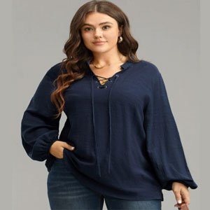 Plain Lace Up Lantern Sleeve Blouse