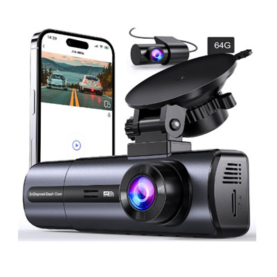 3 Channel 4K Dash Cam with 5GHz WiFi & APP Control, 4K/2.5K+1080P+1080P Front Inside and Rear, Triple Dash Camera with 64GB Card, G-Sensor, 24 Hours Parking Mode, Loop Recording, Night Vision