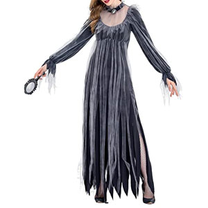 Women's Witch Gown Veil Cape Long Sleeve Halloween Cosplay Dresses 