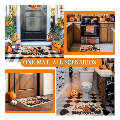 Halloween Door Mat for Front Door, Cute Welcome Mat with Ghost, Black Cat & Pumpkin, Indoor Outdoor Halloween Decor for Porch, Entryway or Kitchens, 17