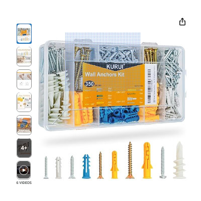 KURUI Drywall Anchors Assortment Kit for Sheetrock Concrete Brick, 350Pcs Wall Anchors and Flat Head Screws, 5 Sizes Picture Hanging Set for Bedroom/Office Wall Art Decor, House Warming Gifts New Home
