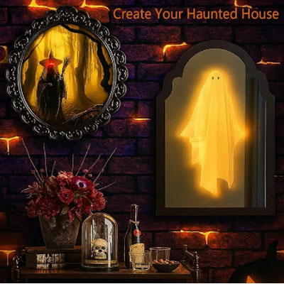 KYWYOYOU 2025 Novelty Ghost Mirror with LED Lights – Scary Holographic Mirror with Haunted Ghost Figure, Halloween Indoor Decoration for Bedroom, Bathroom, Fireplace, DIY Wall Decor (Style A-Small)