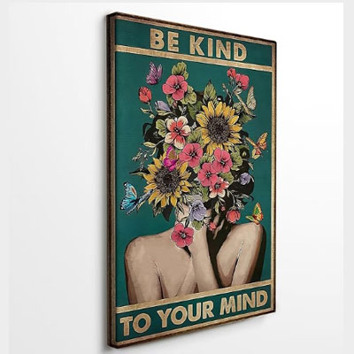 DIHSIEG Flower Canvas Wall Art Be Kind to Your Mind Vintage Poster Frameless Floral Can be hung on the Wall Heal Your Heart poster Wall Art Canvas(12x16 Dark Green)