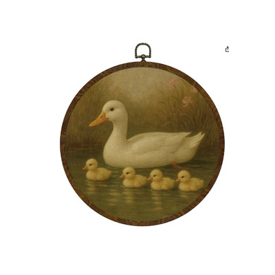 Round Wall Art Framed,Vintage Goose Wall Art Decor,Canvas Print with Goose Baby Design,Farmhouse Decor for Bedroom, Living Room, Gallery Space, 10
