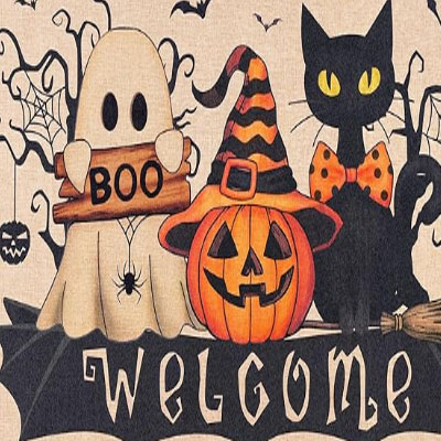 Halloween Door Mat for Front Door, Cute Welcome Mat with Ghost, Black Cat & Pumpkin, Indoor Outdoor Halloween Decor for Porch, Entryway or Kitchens, 17